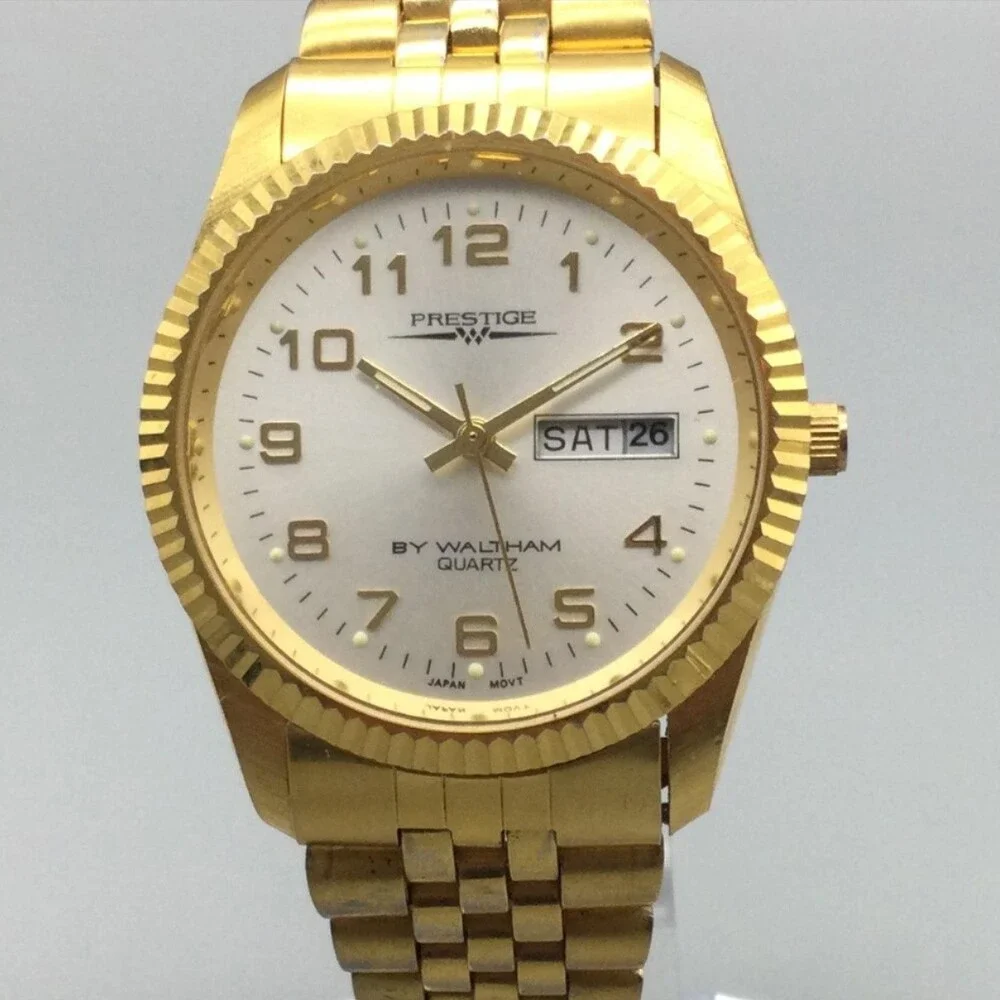 Prestige By Waltham Men Watch 36mm White Dial Gold Tone VPP012 New Battery 7.25